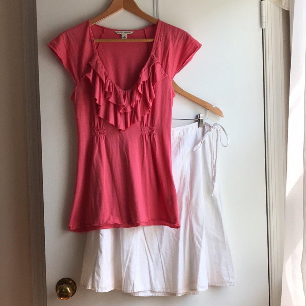 Vintage Banana Republic Pink Cap Sleeve Ruffle Front deep V neck sz Small